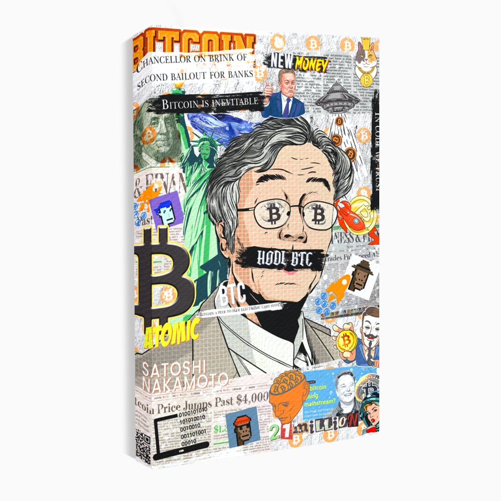 Tablou canvas cu tablou canvas cu portret stilizat bitcoin si satoshi, fara rama, pe sasiu de lemn